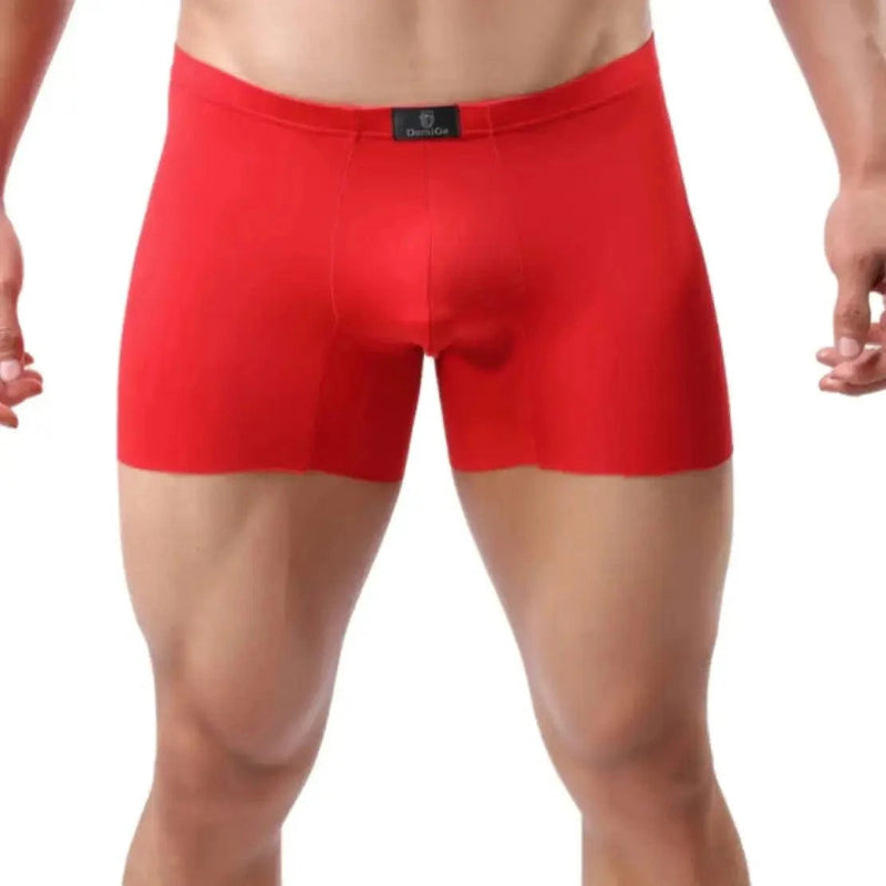 DomiGe laser-cut boxer shorts red front view — mid-waist elastic waistband seamless leg openings model	