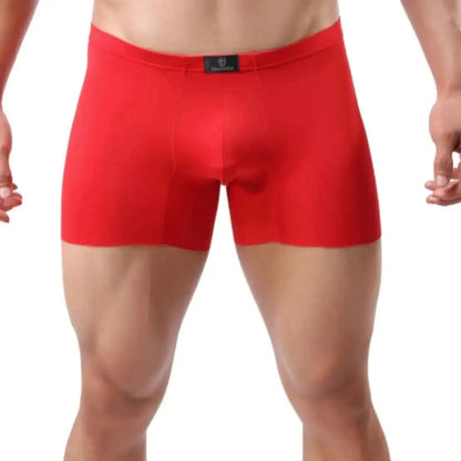 DomiGe laser-cut boxer shorts red front view — mid-waist elastic waistband seamless leg openings model	