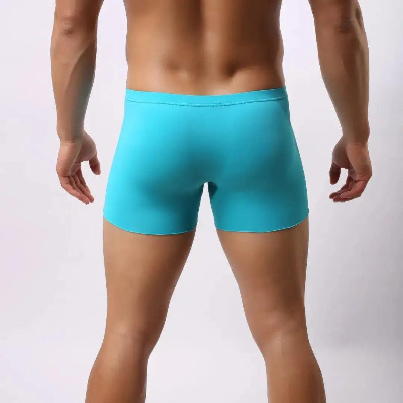 DomiGe laser-cut boxer shorts sky blue rear view — full coverage single-panel back clean finish model	