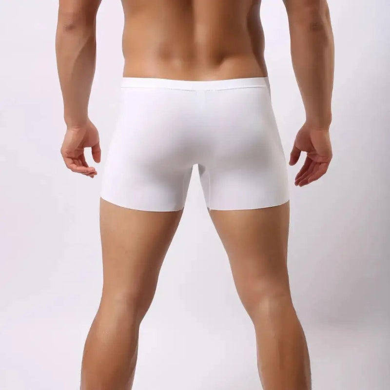 DomiGe laser-cut boxer shorts white rear view — full coverage single-panel back clean finish model	