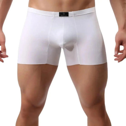 DomiGe laser-cut boxer shorts white front view — mid-waist elastic waistband seamless leg openings model	