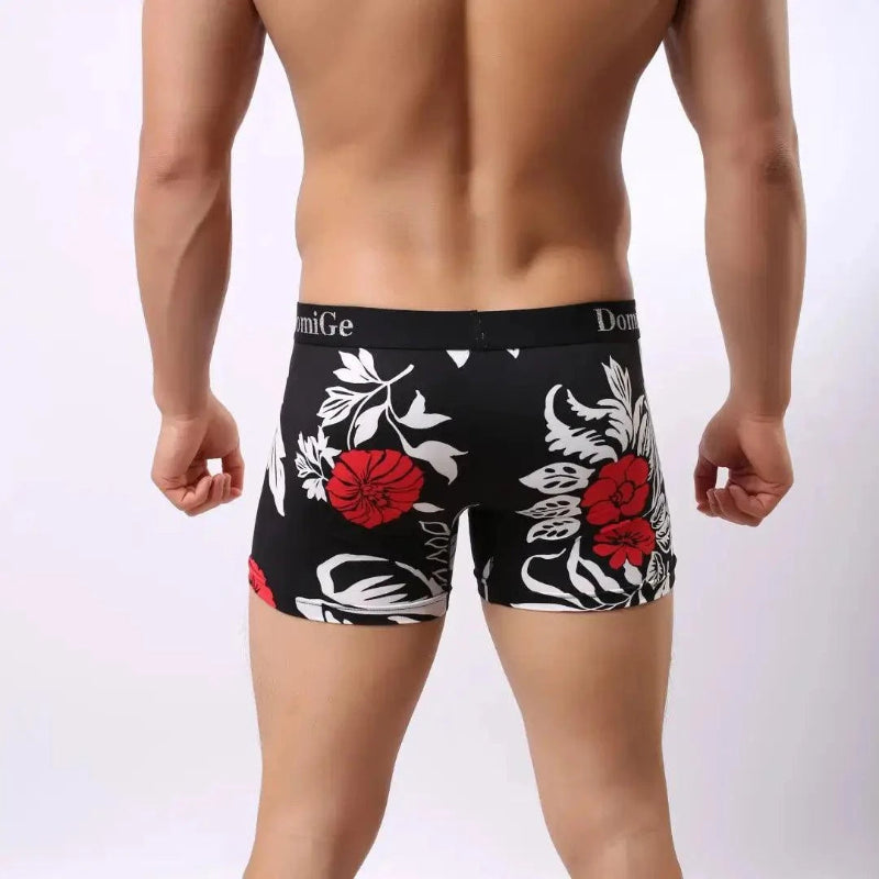 DomiGe printed boxer shorts rear view — loose-fit clean finish model	