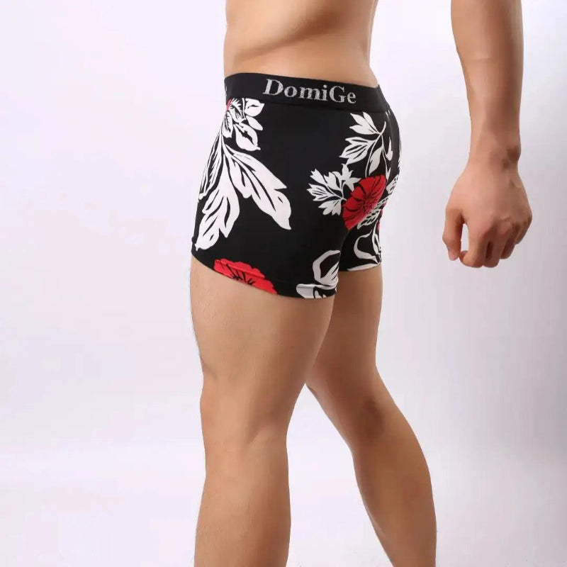 DomiGe printed boxer shorts side view — relaxed fit profile model	