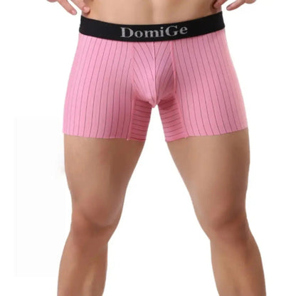 DomiGe striped boxer shorts pink front view — silver logo waistband seamless leg openings model	