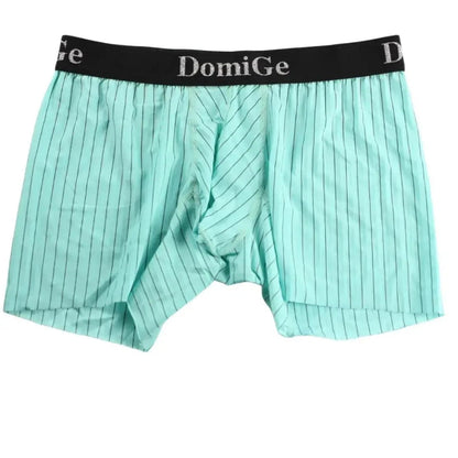 DomiGe striped boxer shorts sky blue product flat lay — silver logo waistband full design	