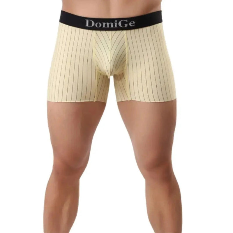 DomiGe striped boxer shorts yellow front view — silver logo waistband seamless leg openings model	