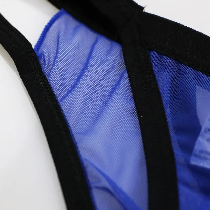 DomiGe hollow-design bikini brief blue fabric texture close-up — stretch microfiber breathable	