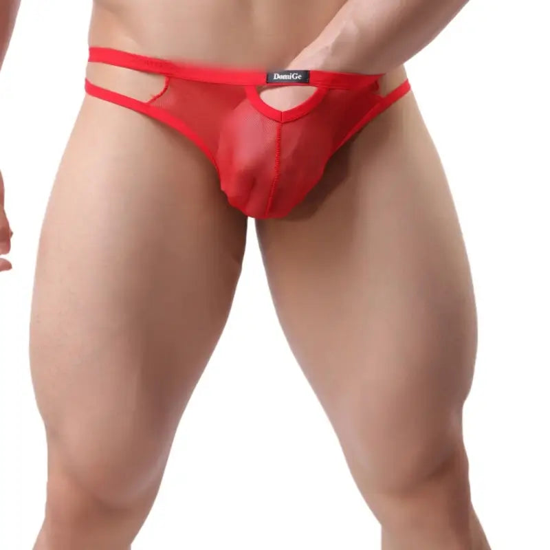 DomiGe hollow-design bikini brief red front view — cut-out opening elastic waistband model	