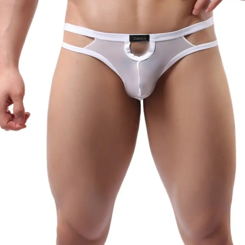 DomiGe hollow-design bikini brief white front view — cut-out opening elastic waistband model	