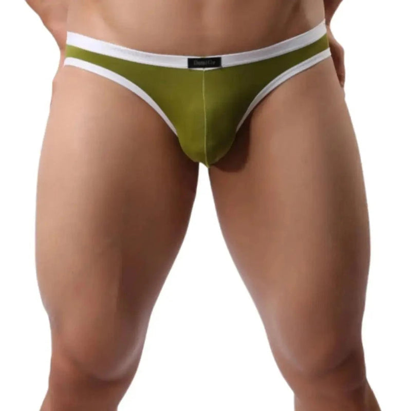DomiGe ice silk nylon briefs army green front view — logo waistband seamless rear design model	