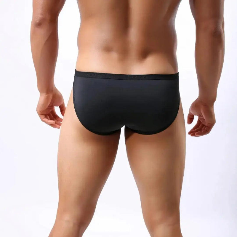 DomiGe ice silk nylon briefs black rear view — seamless no-stitch back clean finish model	
