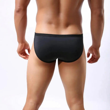 DomiGe ice silk nylon briefs black rear view — seamless no-stitch back clean finish model	