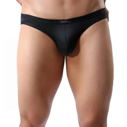 DomiGe ice silk nylon briefs black front view — logo waistband seamless rear design model	