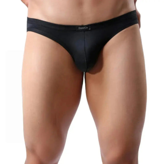 DomiGe ice silk nylon briefs black front view — logo waistband seamless rear design model	