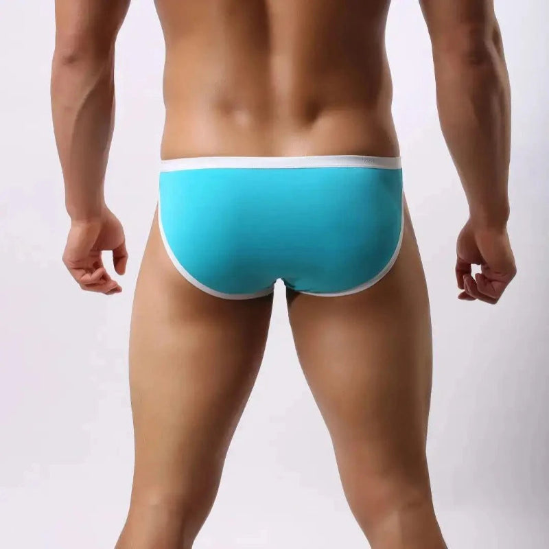 DomiGe ice silk nylon briefs blue rear view — seamless no-stitch back clean finish model	