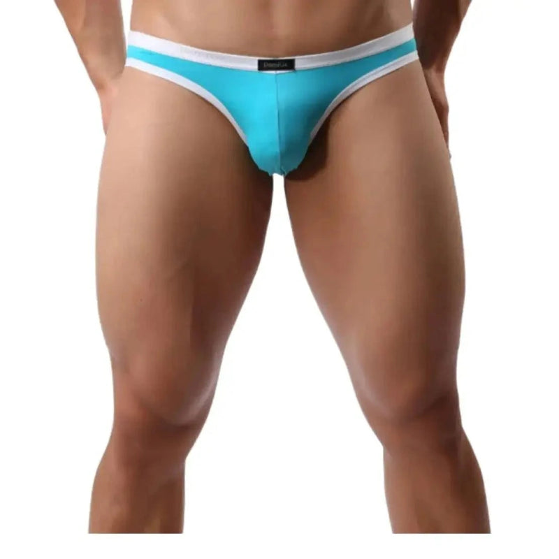 DomiGe ice silk nylon briefs blue front view — logo waistband seamless rear design model	