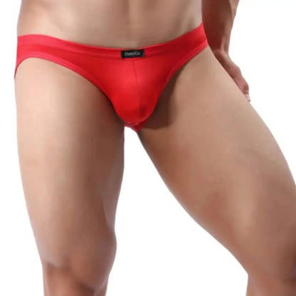 DomiGe ice silk nylon briefs red front view — logo waistband seamless rear design model	