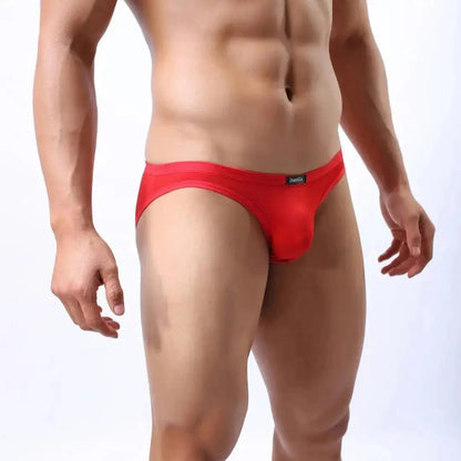 DomiGe ice silk nylon briefs red side view — low-profile silhouette model	