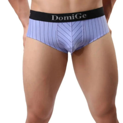 DomiGe ice silk striped brief blue front view — silver logo waistband mid-waist contour pouch model	