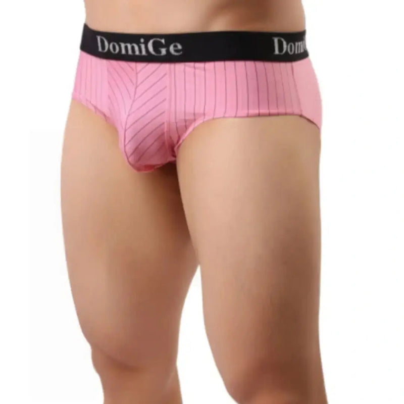 DomiGe ice silk striped brief pink front view — silver logo waistband mid-waist contour pouch model	