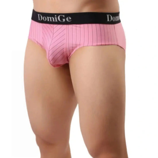 DomiGe ice silk striped brief pink front view — silver logo waistband mid-waist contour pouch model	