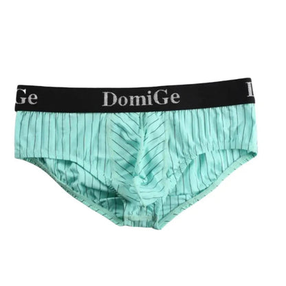 DomiGe ice silk striped brief sky blue product flat lay — silver logo waistband full design	