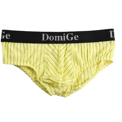 DomiGe ice silk striped brief yellow product flat lay — silver logo waistband full design	