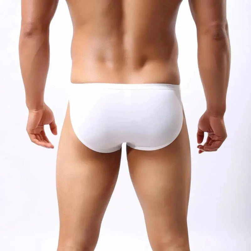 DomiGe ice silk nylon briefs white rear view — seamless no-stitch back clean finish model	