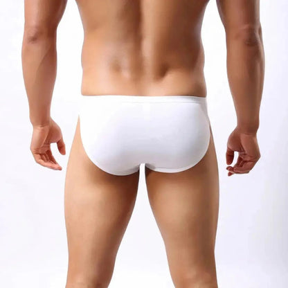 DomiGe ice silk nylon briefs white rear view — seamless no-stitch back clean finish model	