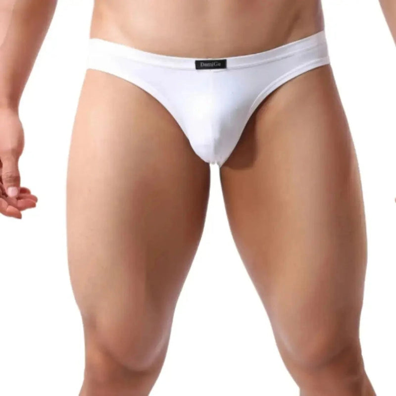 DomiGe ice silk nylon briefs white front view — logo waistband seamless rear design model	