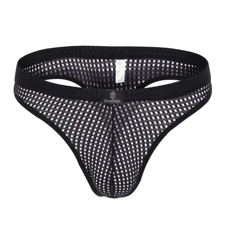 DomiGe dynamic-fit mesh bikini brief black 3D front view — contour pouch open-weave micromesh	