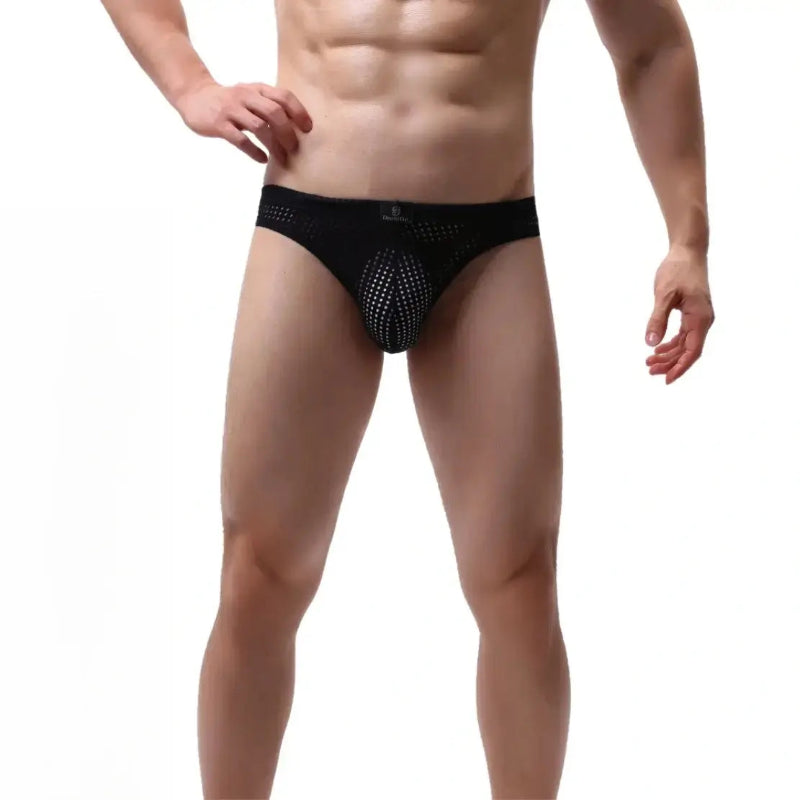 DomiGe dynamic-fit mesh bikini brief black front view — low-rise logo waistband contour pouch model	