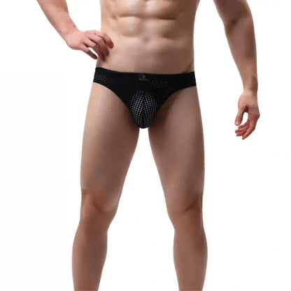 DomiGe dynamic-fit mesh bikini brief black front view — low-rise logo waistband contour pouch model	