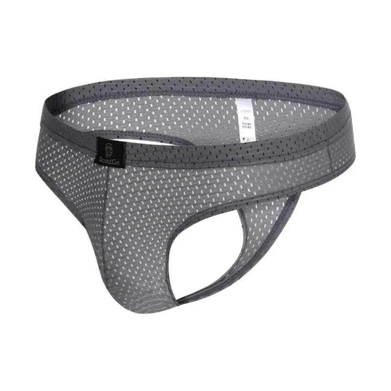 DomiGe dynamic-fit mesh bikini brief gray 3D side view — low-rise bikini cut silhouette	