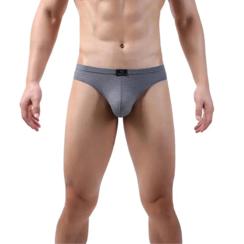 DomiGe dynamic-fit mesh bikini brief gray front view — low-rise logo waistband contour pouch model	