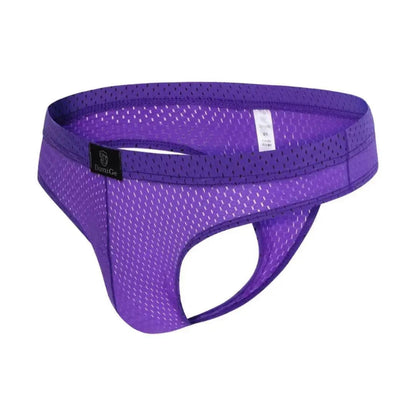 DomiGe dynamic-fit mesh bikini brief purple 3D side view — low-rise bikini cut silhouette	