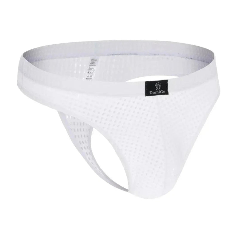 DomiGe dynamic-fit mesh bikini brief white 3D side view — low-rise bikini cut silhouette	