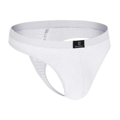 DomiGe dynamic-fit mesh bikini brief white 3D side view — low-rise bikini cut silhouette	