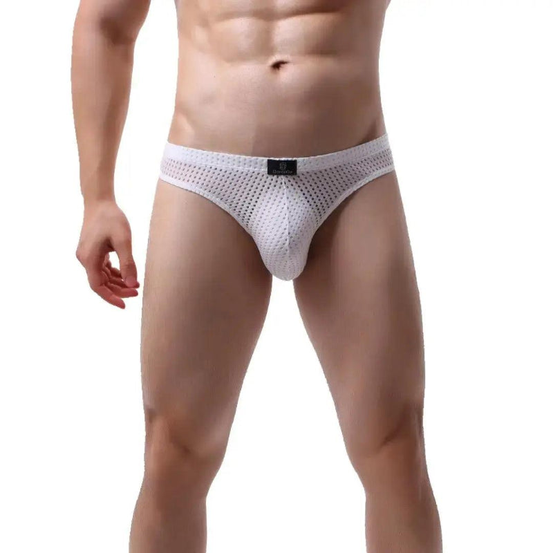 DomiGe dynamic-fit mesh bikini brief white front view — low-rise logo waistband contour pouch model	