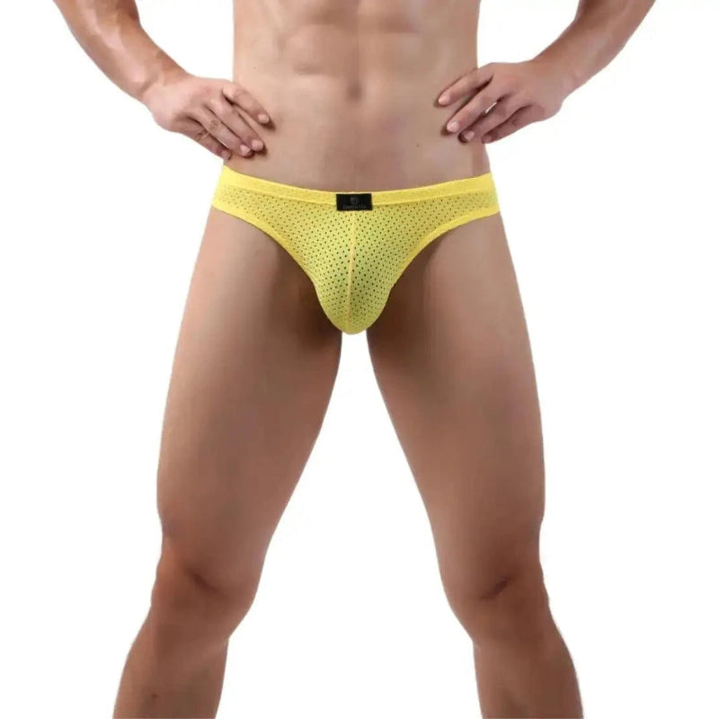 DomiGe dynamic-fit mesh bikini brief yellow front view — low-rise logo waistband contour pouch model	