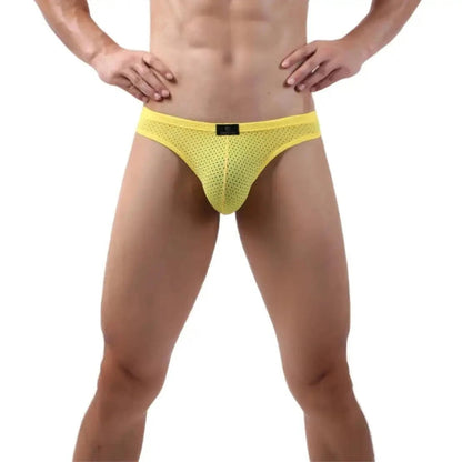 DomiGe dynamic-fit mesh bikini brief yellow front view — low-rise logo waistband contour pouch model	