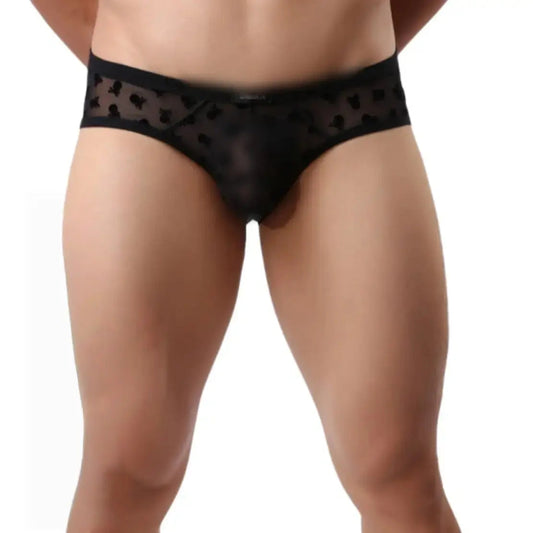 DomiGe nylon mesh velvet briefs black front view — mid-rise flocked waistband full coverage model	