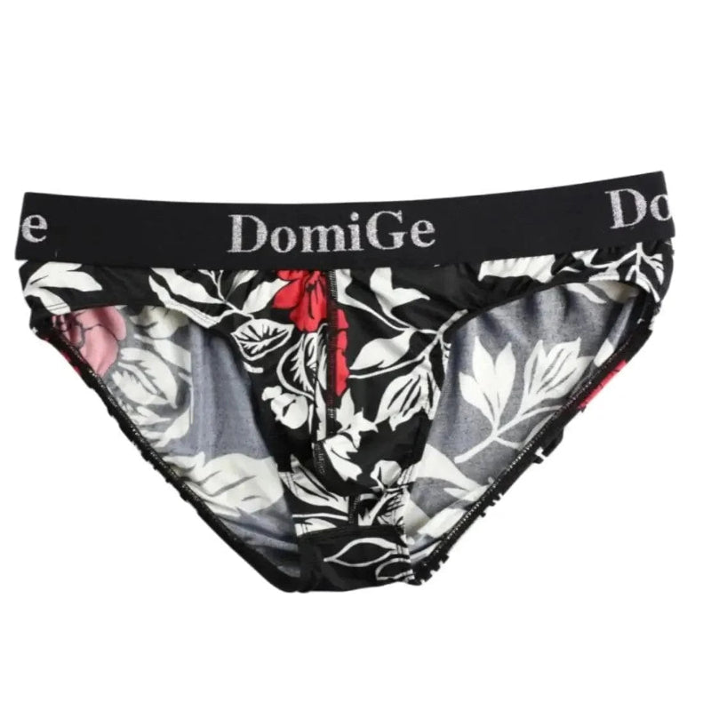 DomiGe black printed briefs product flat lay — silver logo waistband full design	