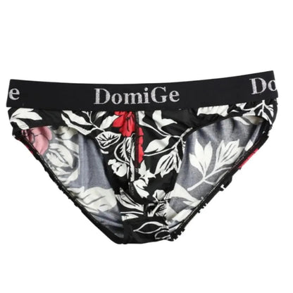 DomiGe black printed briefs product flat lay — silver logo waistband full design	