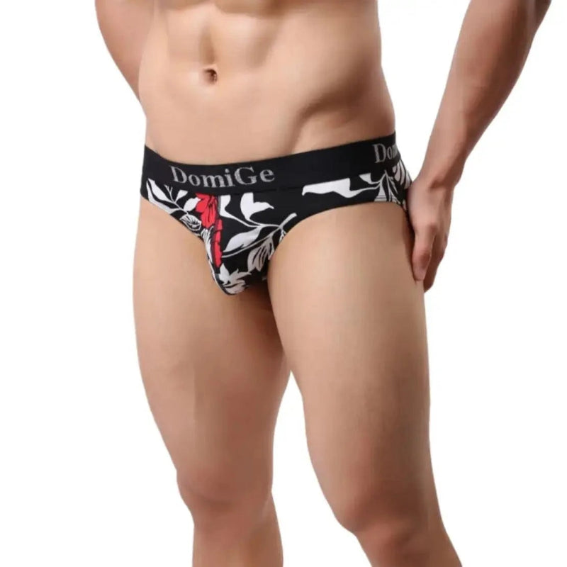DomiGe black printed briefs front view — silver logo waistband contour pouch model	