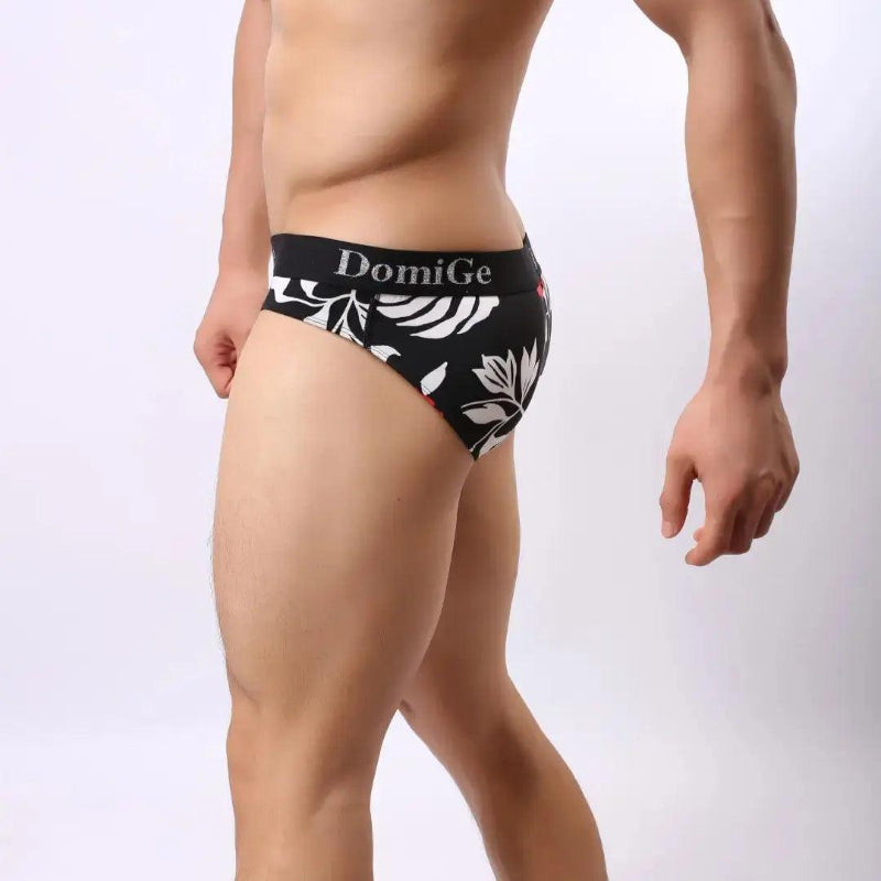 DomiGe black printed briefs side view — mid-rise profile model	