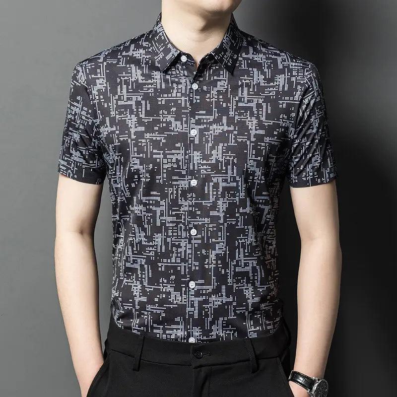 DomiGe 2024 Summer New Men's Blouse - Ice Silk Business Casual Printed Blouse - His Inwear