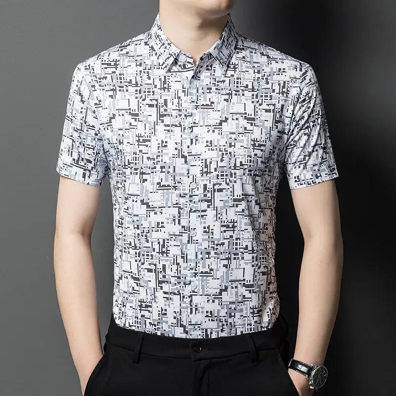 DomiGe 2024 Summer New Men's Blouse - Ice Silk Business Casual Printed Blouse - His Inwear