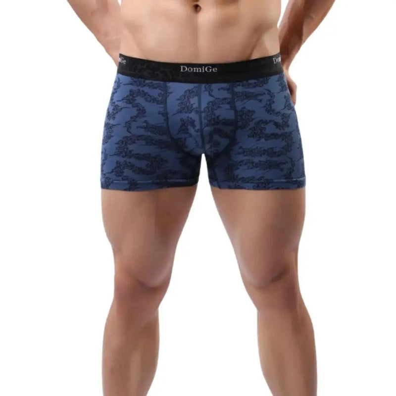 Men's bamboo fiber mid-rise boxer briefs in cobalt blue print — DomiGe 3D contoured front pouch with moisture-wicking bamboo fabric	