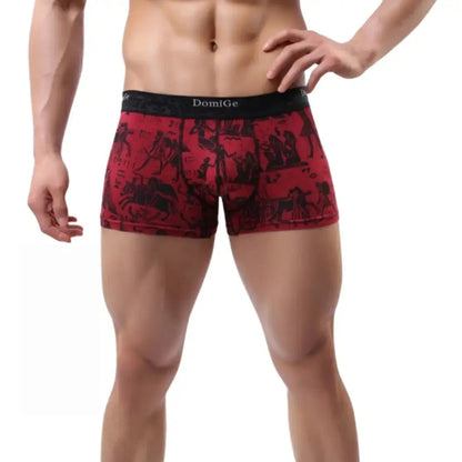 Men's bamboo fiber mid-rise boxer briefs in red print — DomiGe 3D contoured front pouch with moisture-wicking bamboo fabric	